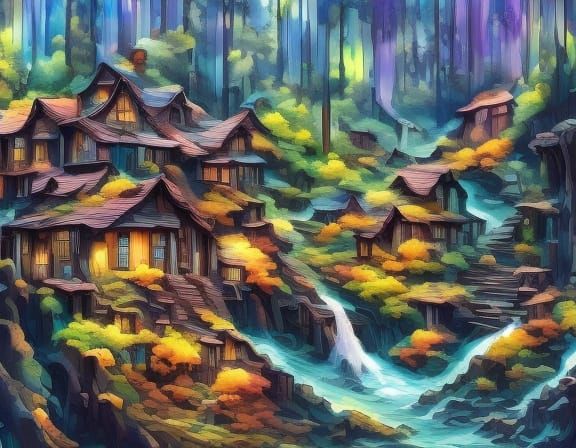 Cyberpunk Waterwheel Scene at Night