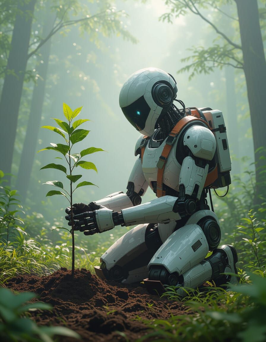 Robot Plants Tree in Misty Forest, Cinematic Style