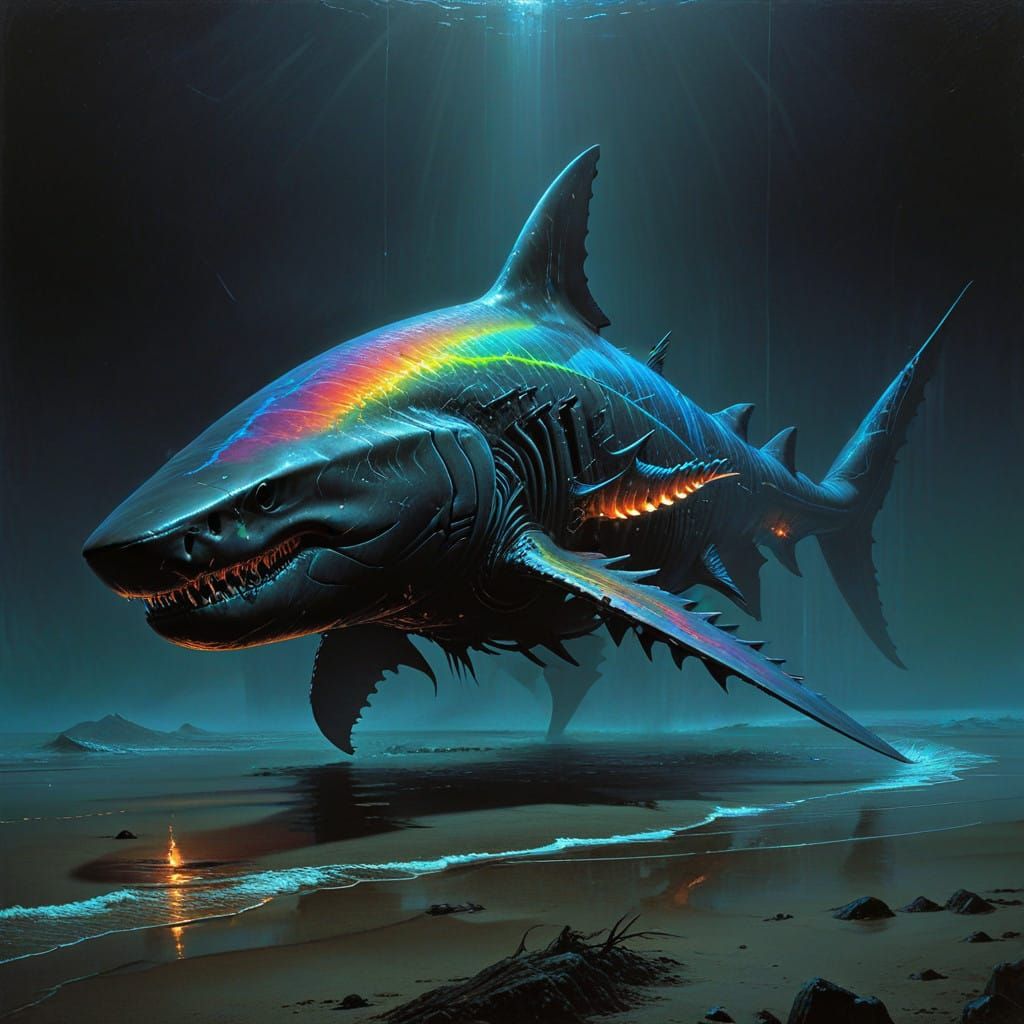 Cyberpunk Alien Shark-Creature with Bioluminescent Armor