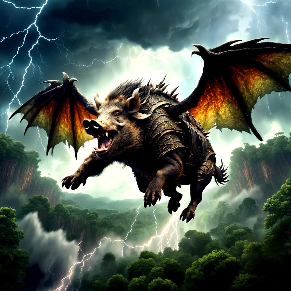 Dragon-Winged Boar Flies Through Epic Thunderstorm
