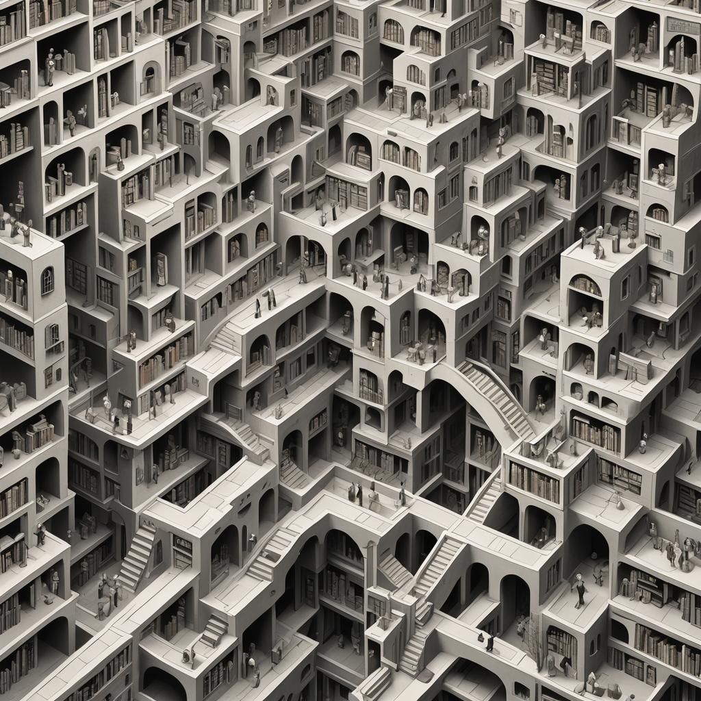 Bookstore Maze in MC Escher Style with Sculptures