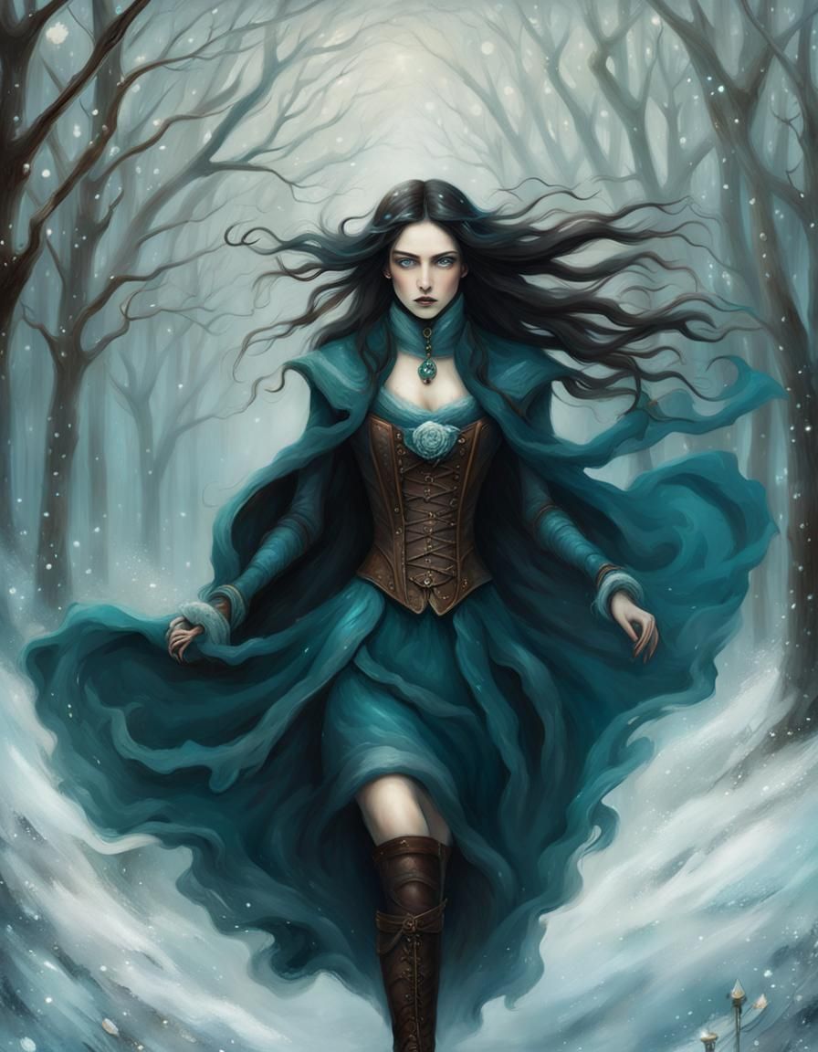 Mysterious Steampunk Woman in Winter Wonderland