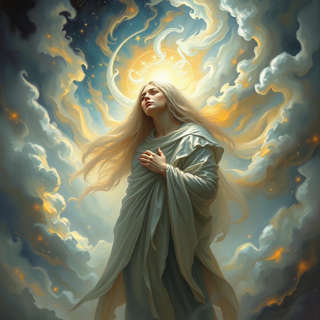 Divine Mystic Seeks Cosmic Truth in Shimmering Silver and Go...