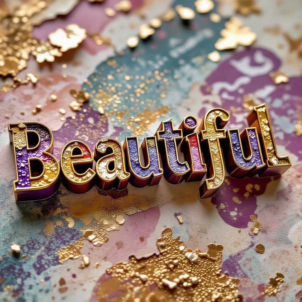 3D Paper Letters Spell Beautiful in Gold and Purple