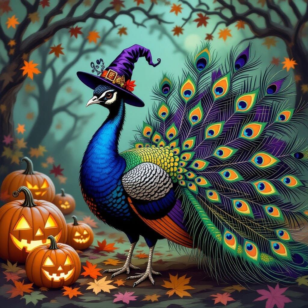 Halloween Peacock Adorned in Spooky Costume