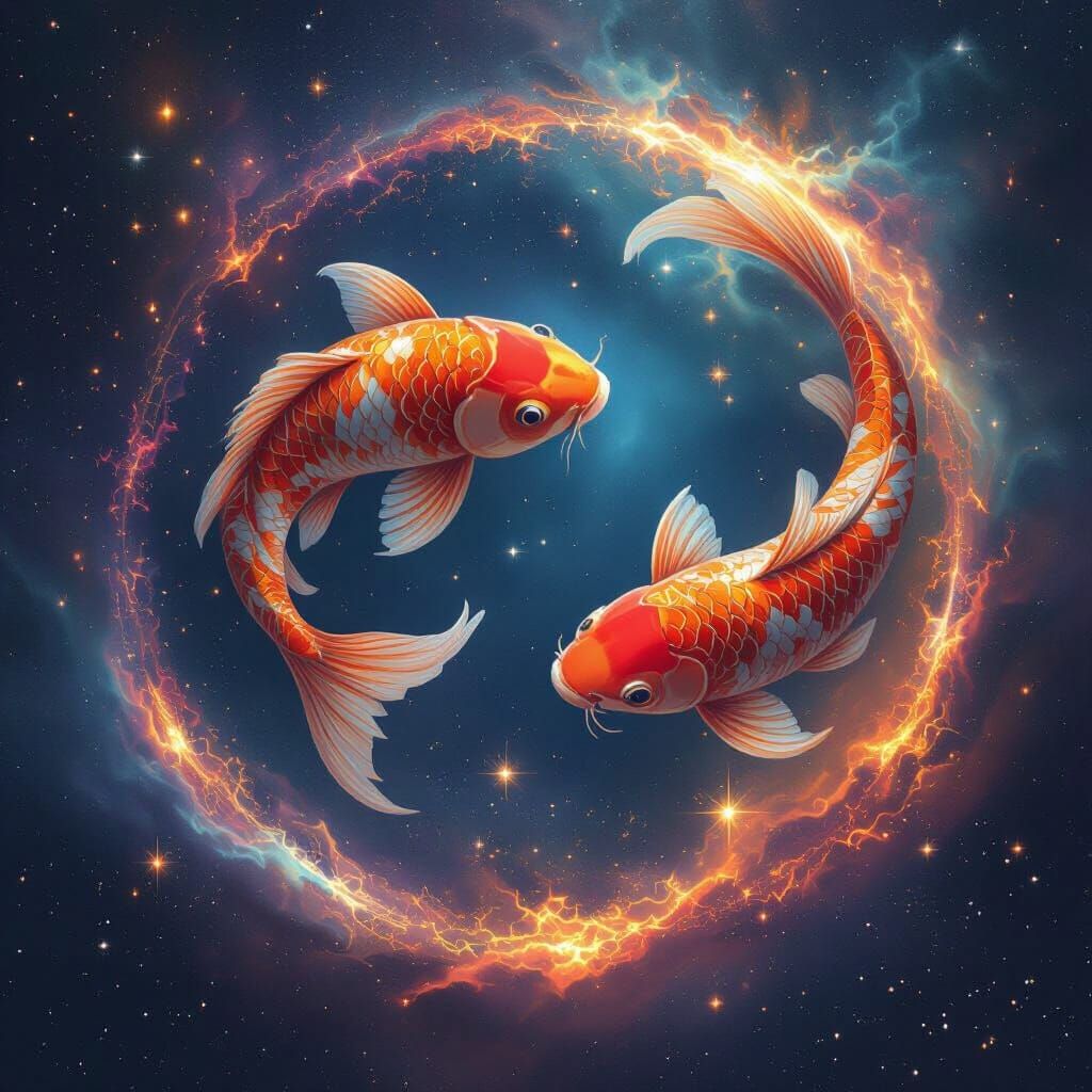 Cosmic Koi Fish in Ouroboros Circle with Nebula