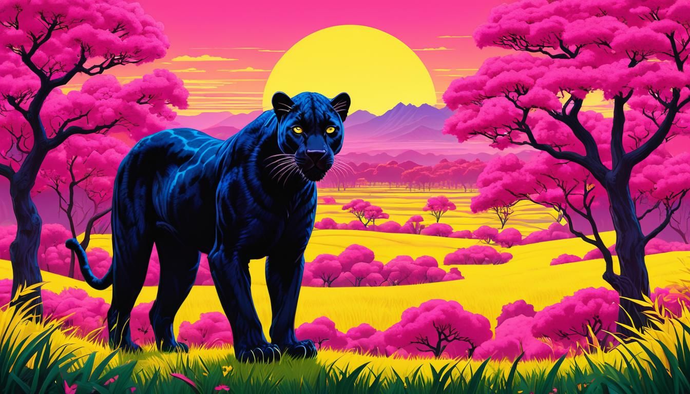 Neon Gongbi Black Panther in Pink Landscape