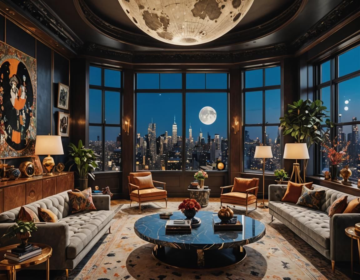 Maximalist Penthouse Interior with Epic Moon View
