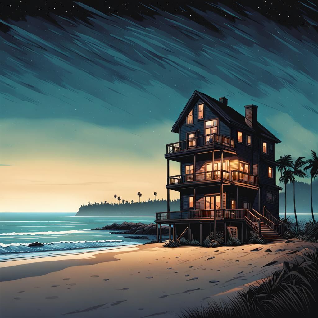 Oceanfront Apartment House at Night, Vector Image