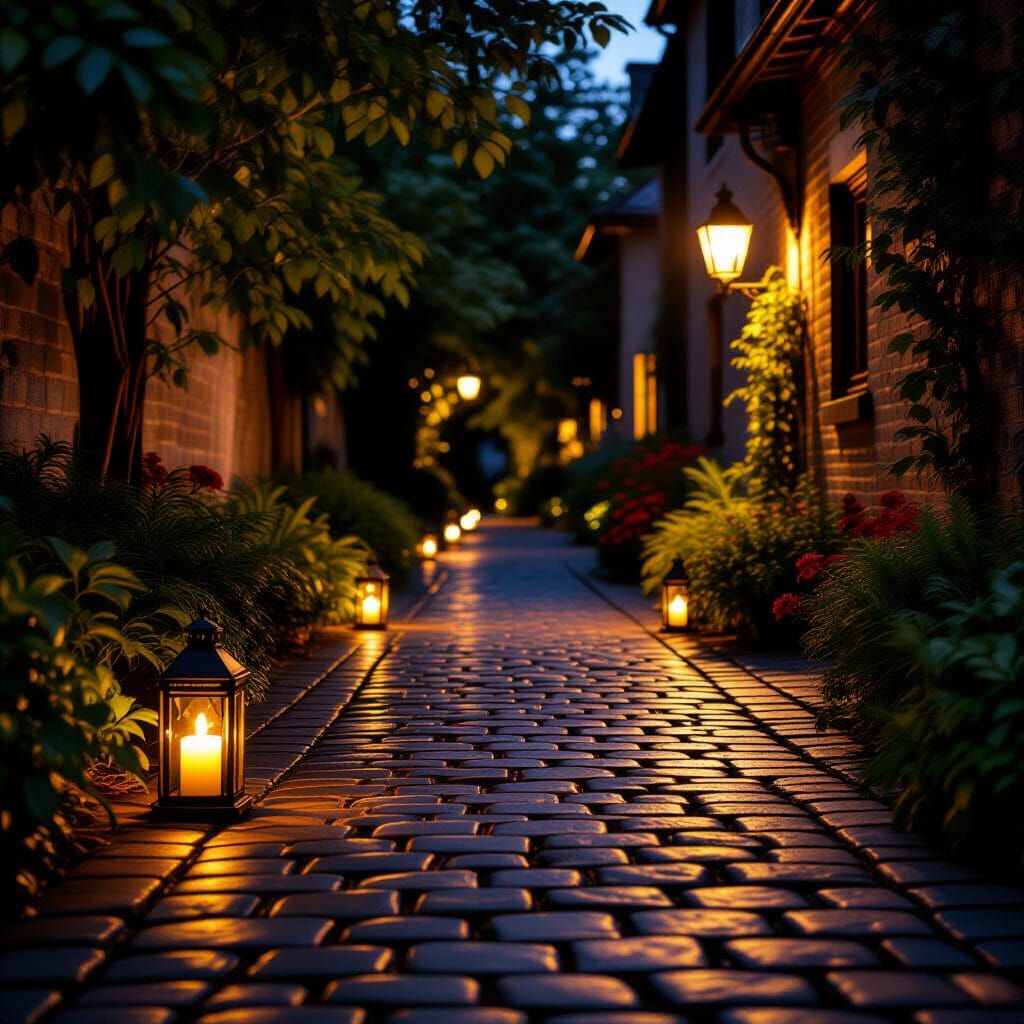 Cobblestone Path Lit by Candlelight at Night