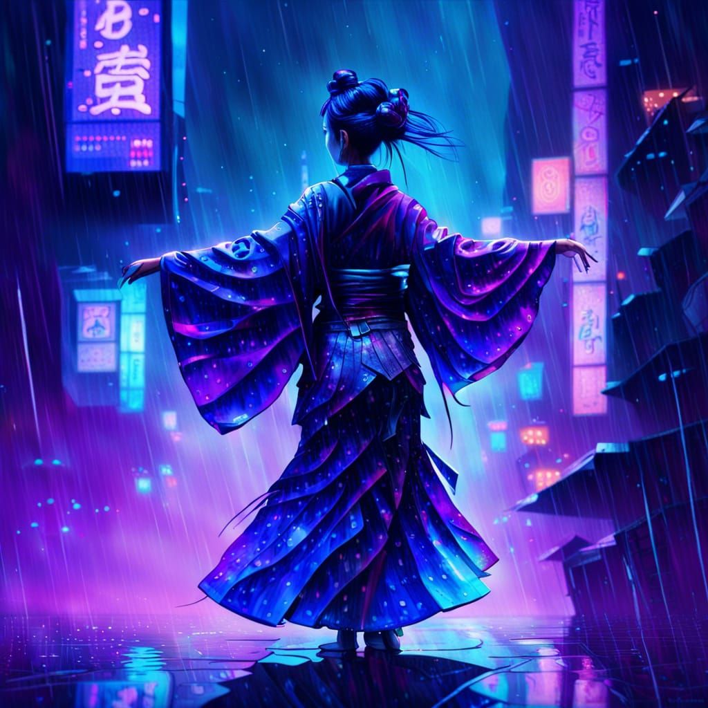 Geisha Hologram Dancing in Cyberpunk Rain