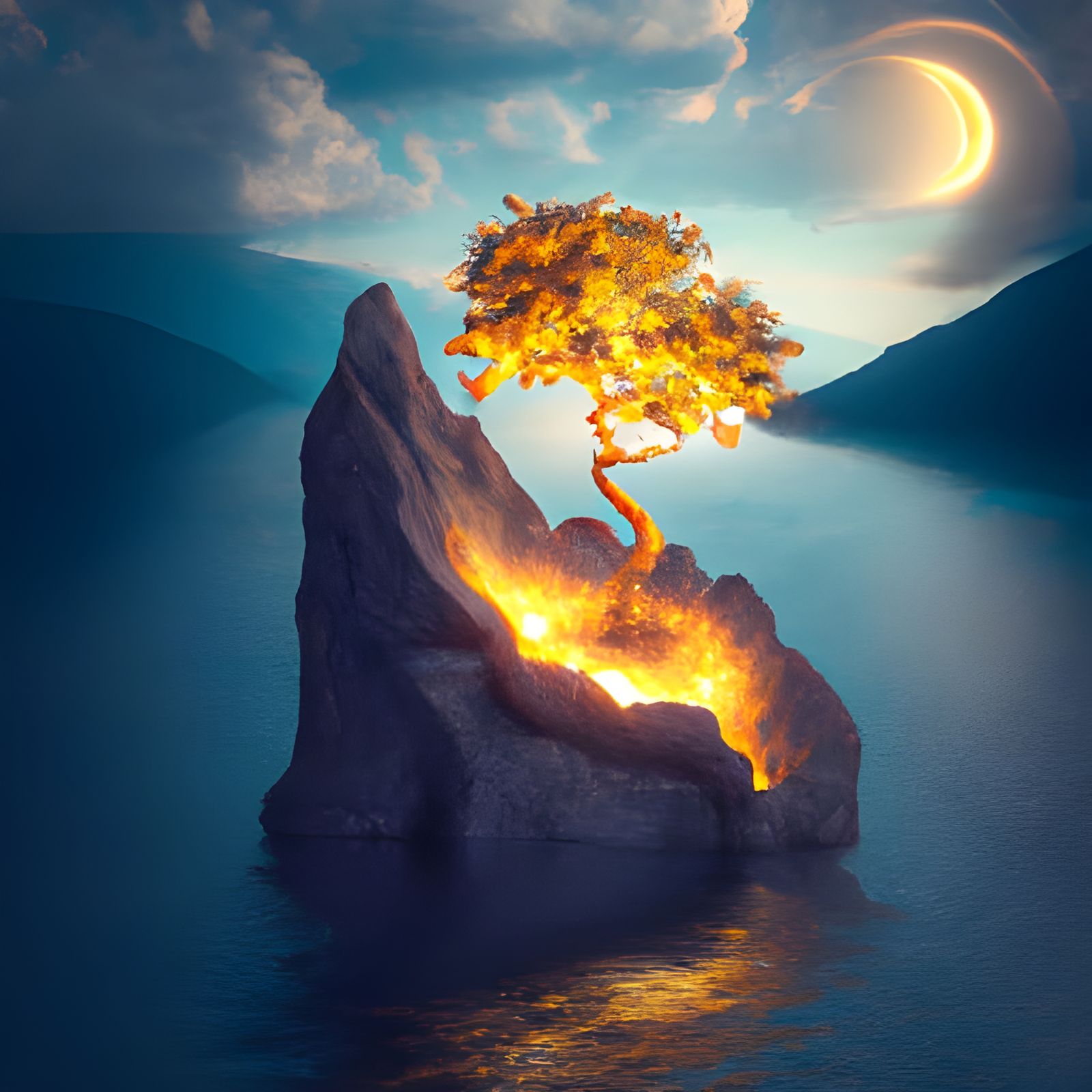 Golden Tree in Lake at Dawn: Digital Matte Painting