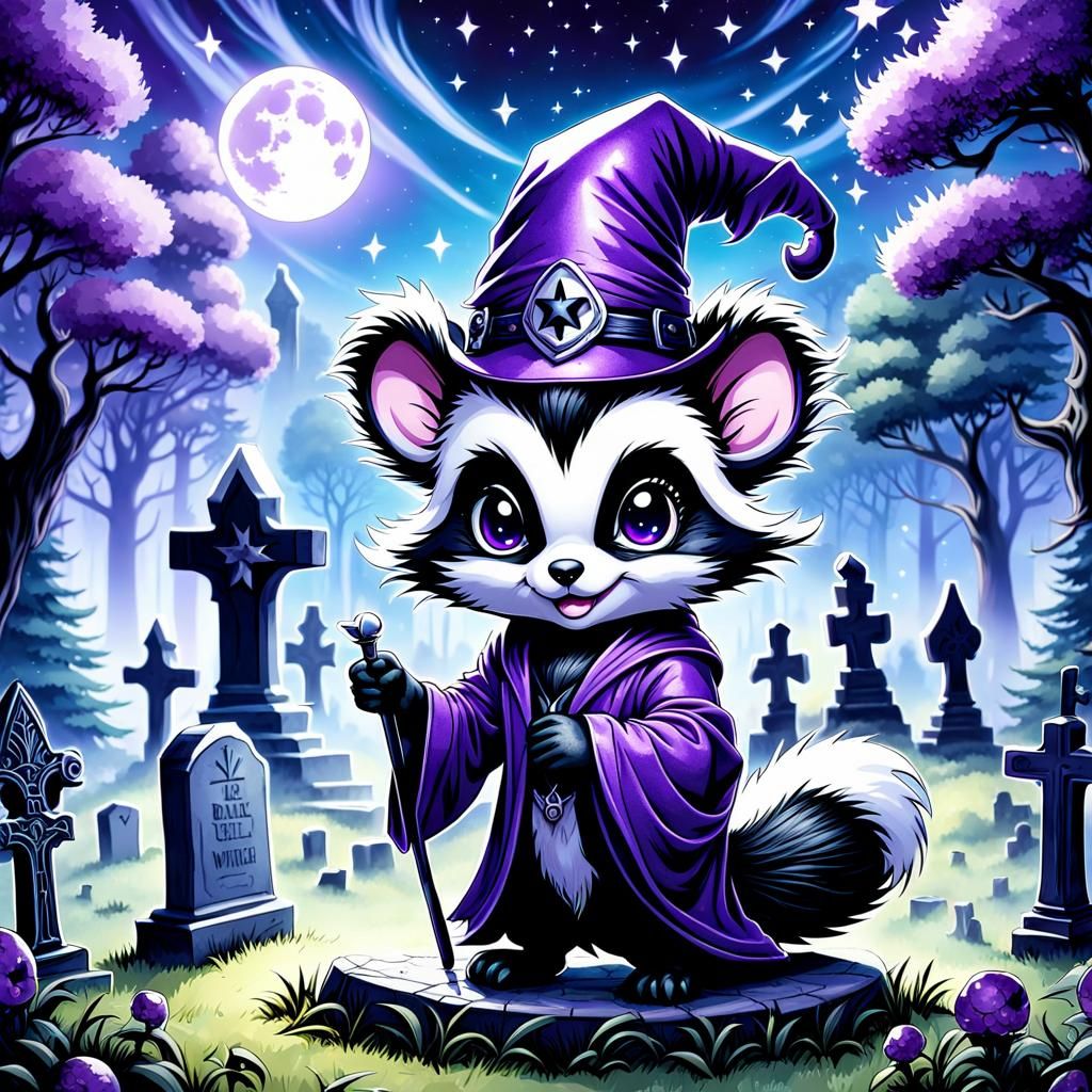 Chibi Skunk Wizard in Gothic Cemetery, Watercolor Art
