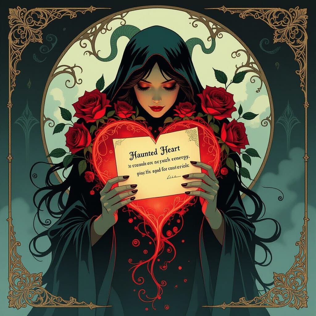 Haunted Heart with Ghostly Roses and Eerie Love Letter