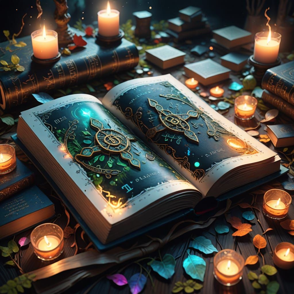 Living Book with Glowing Runes in Digital Art