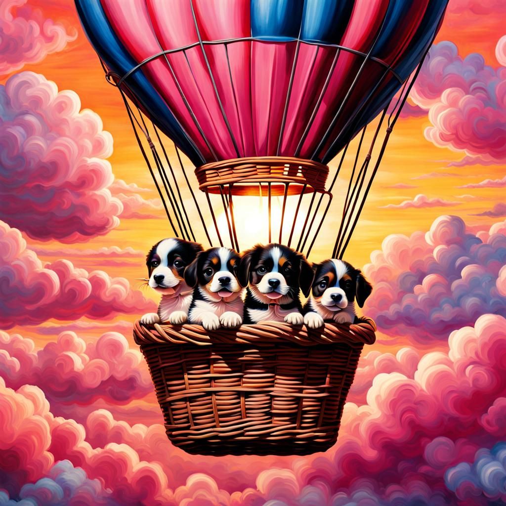 Puppies in Hot Air Balloon: Whimsical Poster Art