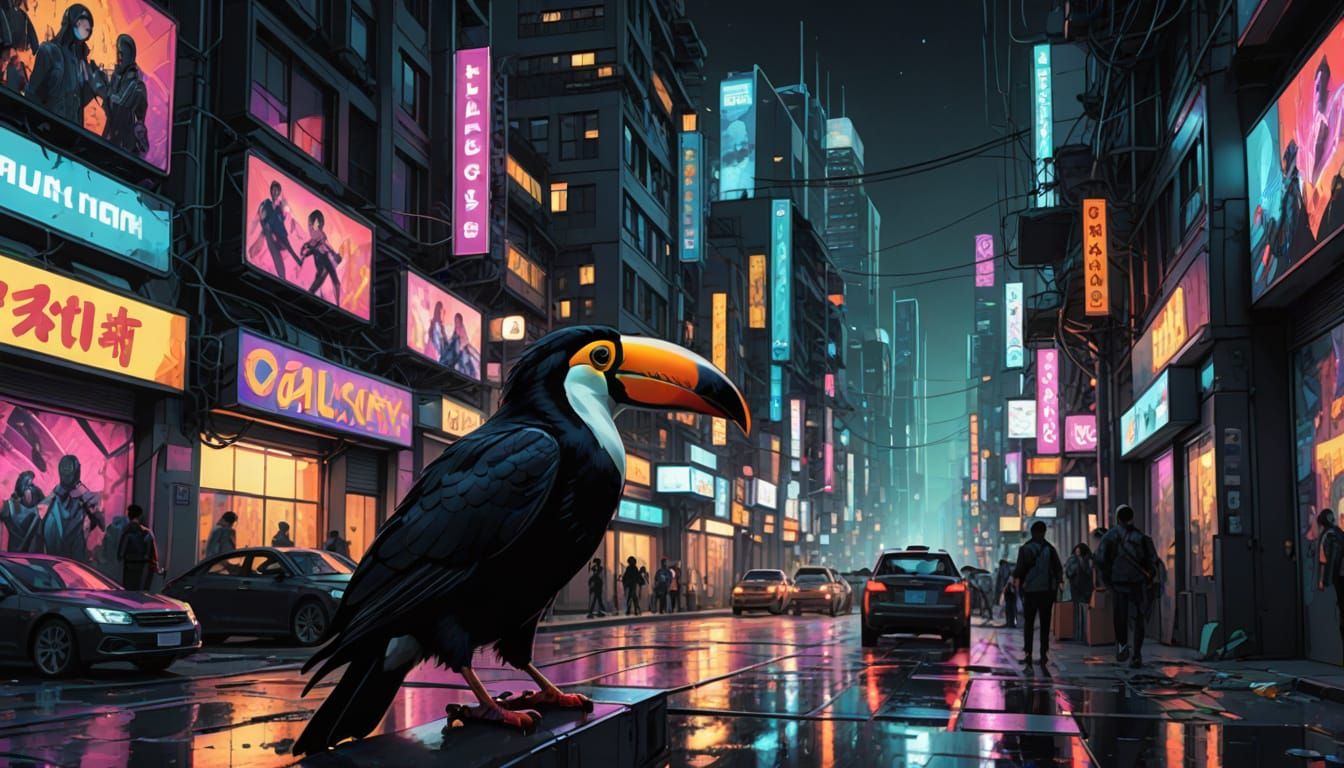 Futuristic Toucan in Frigid Cityscape