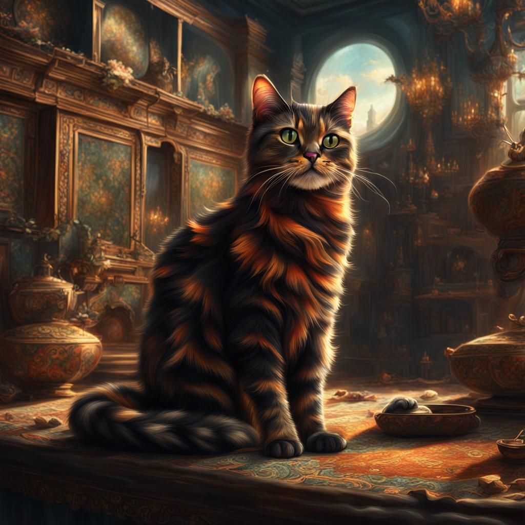Dramatic Tortoiseshell Cat in Digital Painting