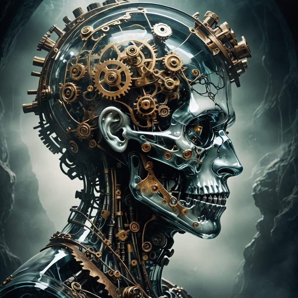 Glass Head with Biomechanical Gears in Surreal Style