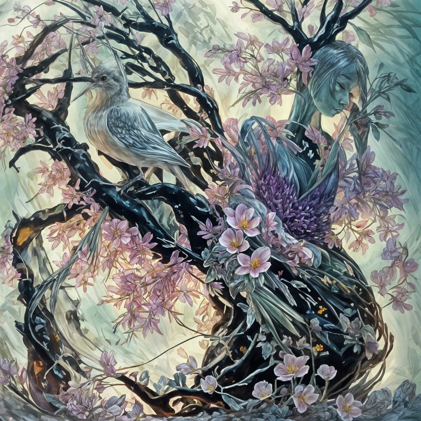 Delicate Ikebana Tulip and Bamboo Watercolor Painting