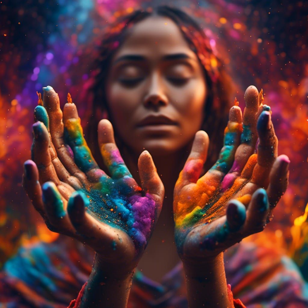 <lora:NC Hyperreal:1.0> Beautiful woman’s healing hands, vibrant colors, colorful, aura, energy clearing palo santo wood...