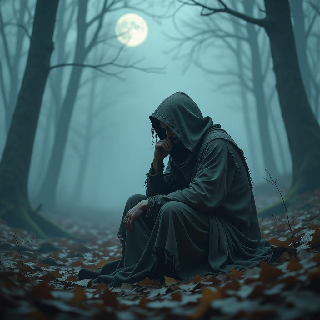 Melancholic Figure in Moonlit Forest, Dystopian Art