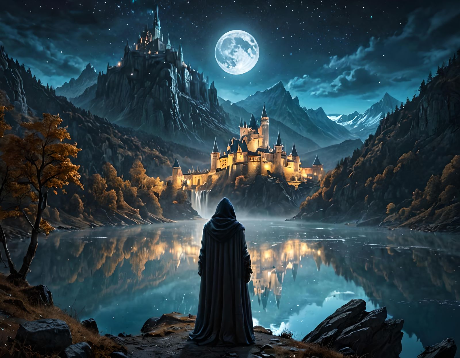Fantasy Gothic Castle Under Starry Night Sky