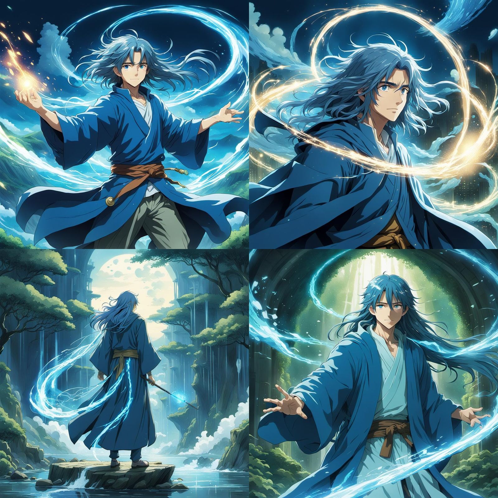 Anime Wizard with Blue Hair in Ghibli Style