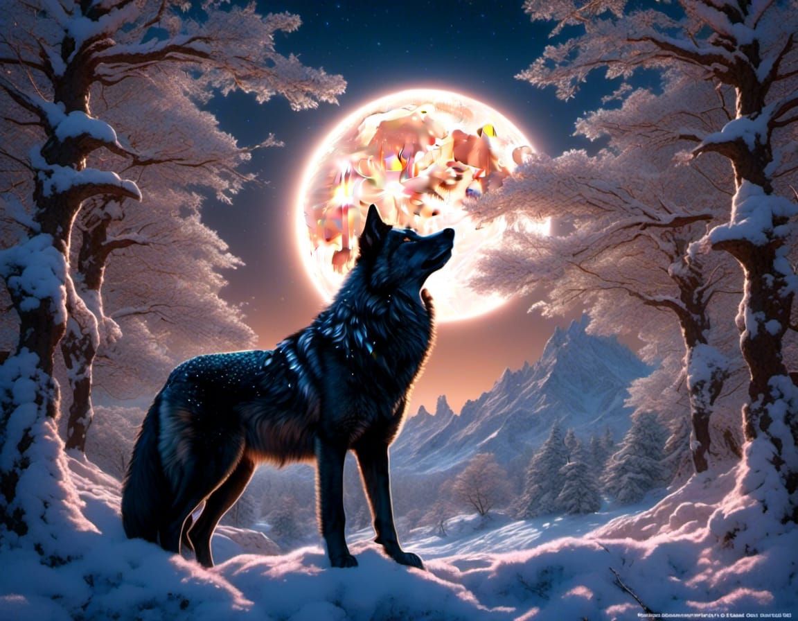 Black Wolf Howling at Moon in Fairycore Style