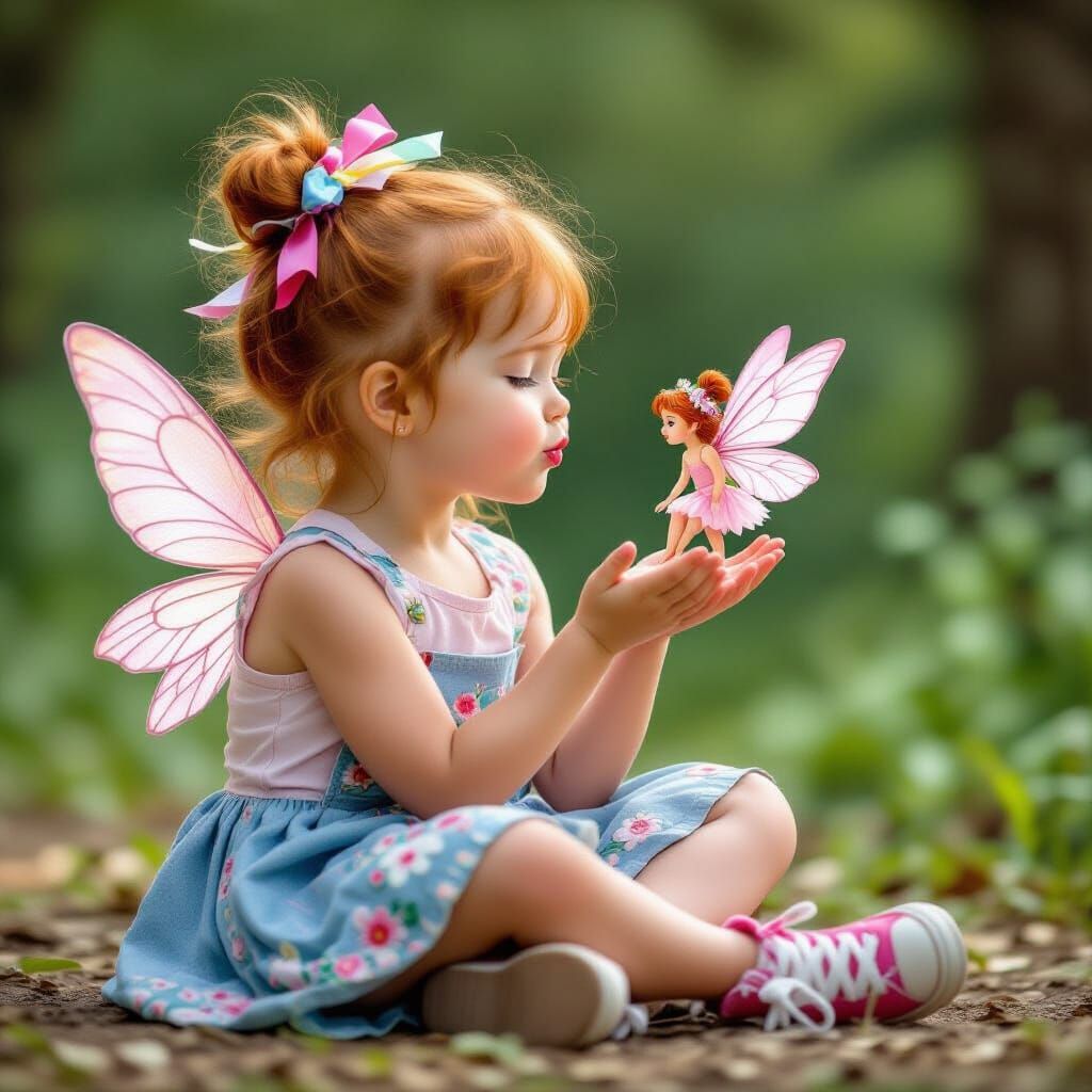 Girl Blowing Kiss to Pink Fairy, Digital Painting