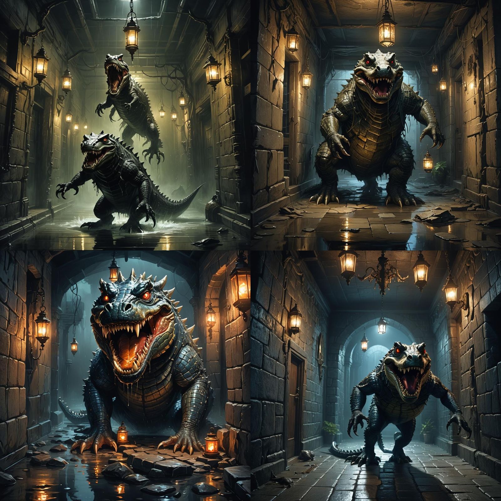 Crocodile Monster in Dark Hallway: Fantasy Concept Art