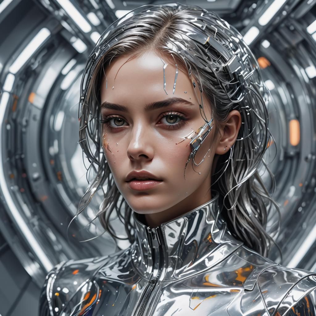 Futuristic Girl in Silver Suit: Neurocore Art