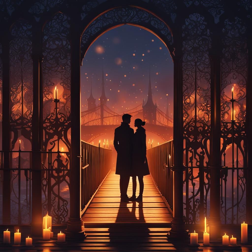 Candlelit Bridge Silhouette in Hyperdetailed Lighting