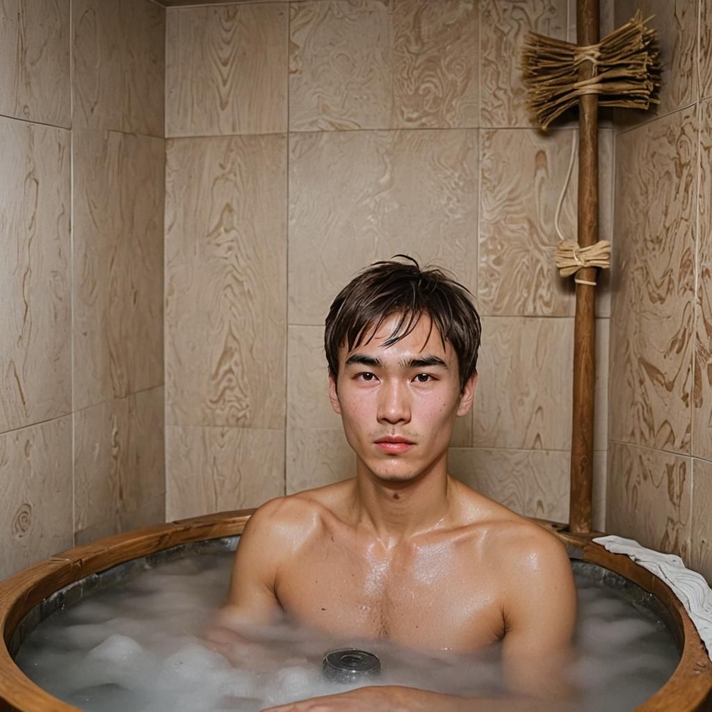 Young Man Steaming with Oak Broom