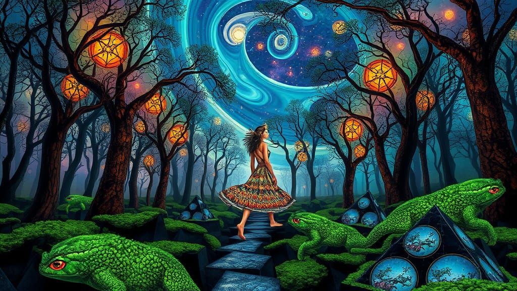 Stained Glass Forest Glade with Swirling Nebulae