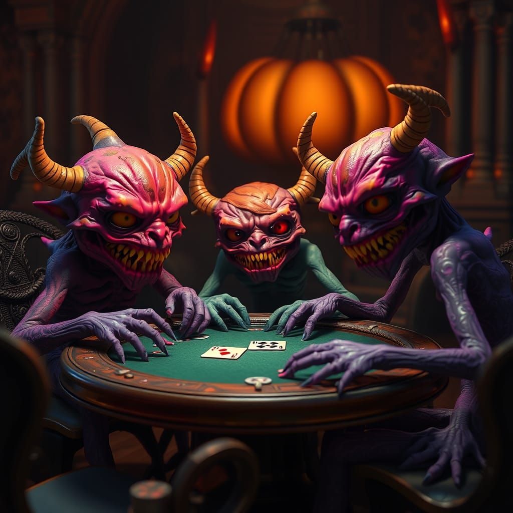 Cute Halloween Monsters Playing Poker, Detailed Matte Painti...