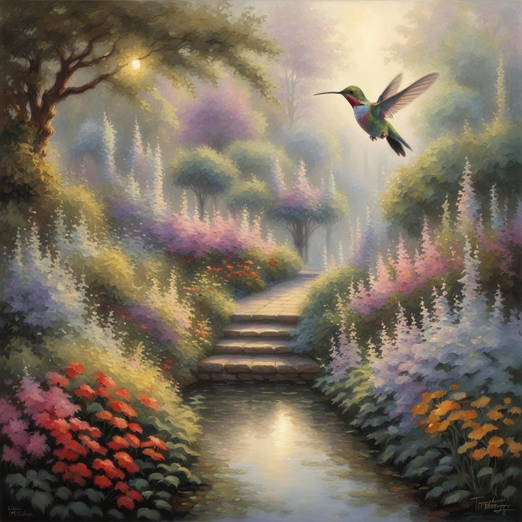 Hummingbird in Garden: Impressionist Style Painting