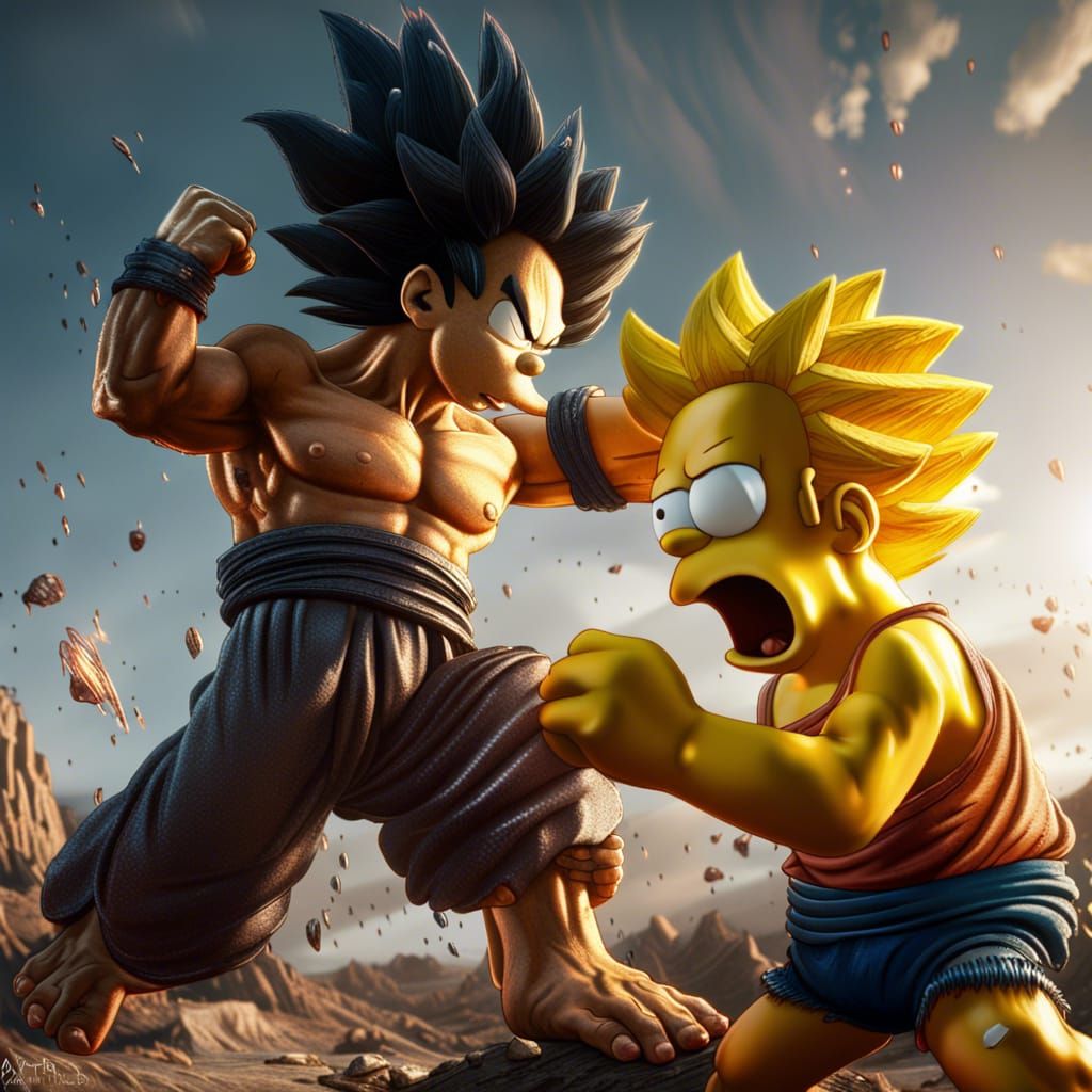 Goku Punches Homer: Detailed Fantasy Concept Art