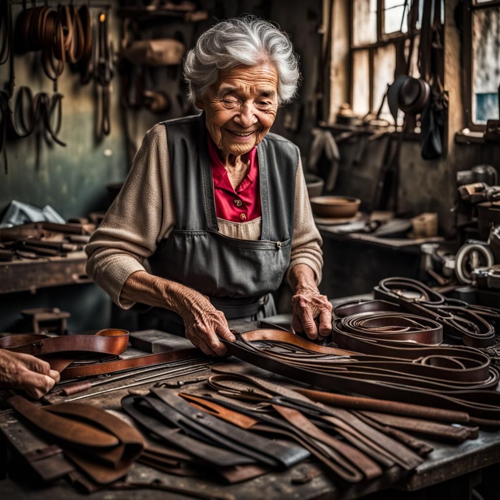 Happy Old Woman Making Belts in HDR