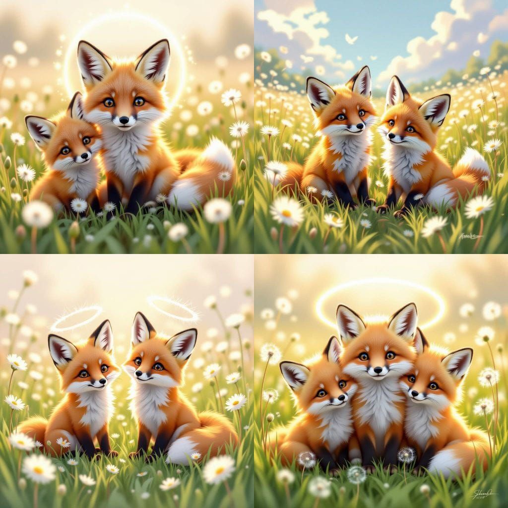 Pastel Fox Family in Dandelion Field, Splash Art