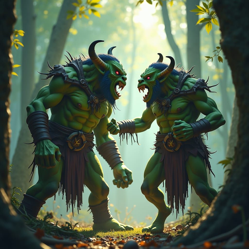 Orcs Clash in Dark Forest: Fantasy Concept Art