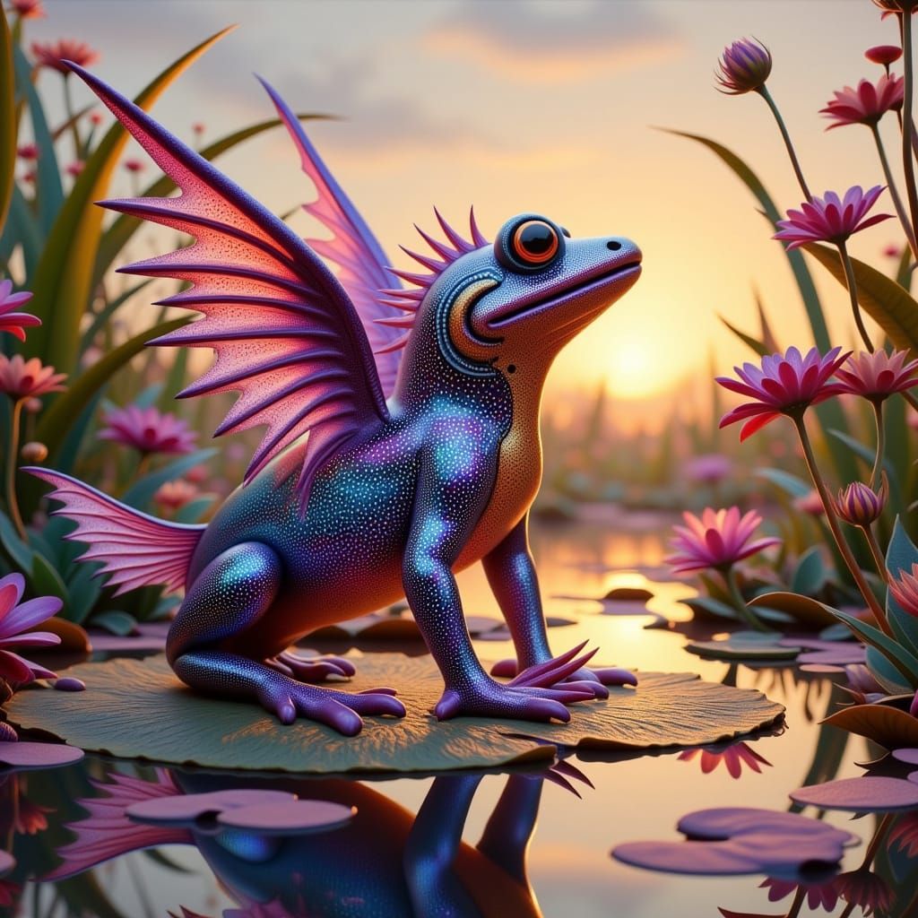 Surreal Sunset Alebrije Creature on Lily Pad