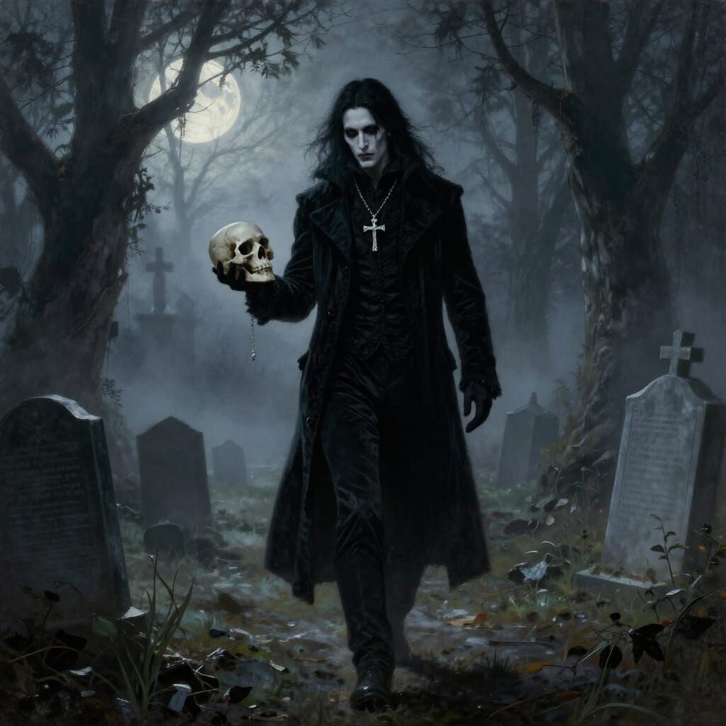 Gothic Man Walks Through Misty Cemetery at Midnight