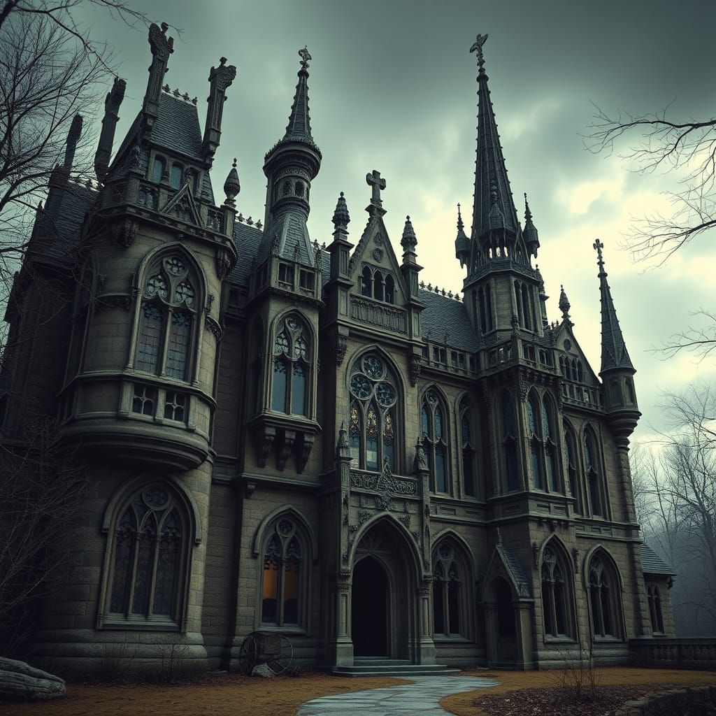 Gothic Mansion with Intricate Carvings in Dark Fantasy Style