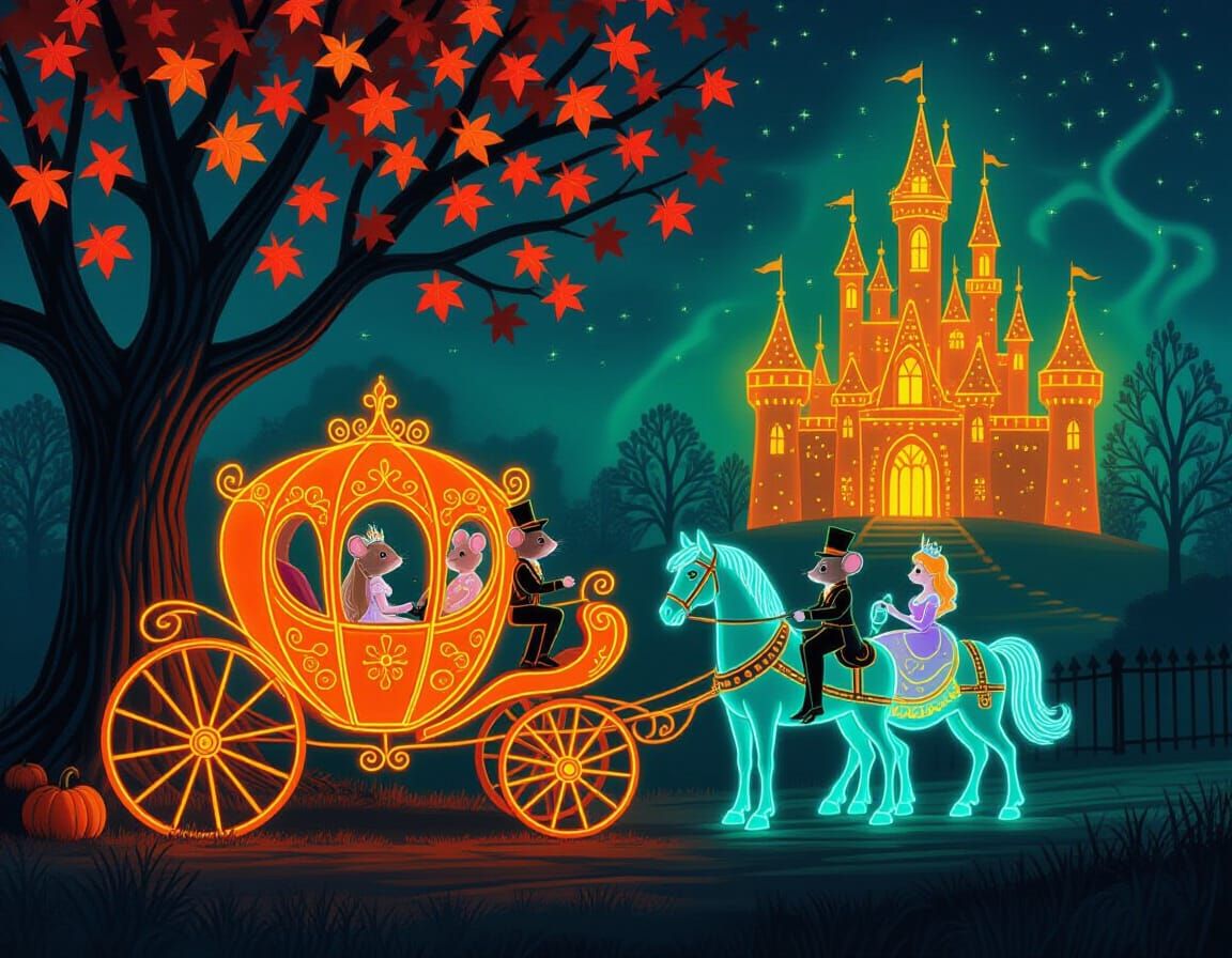 Bioluminescent Tree and Pumpkin Carriage Halloween Scene
