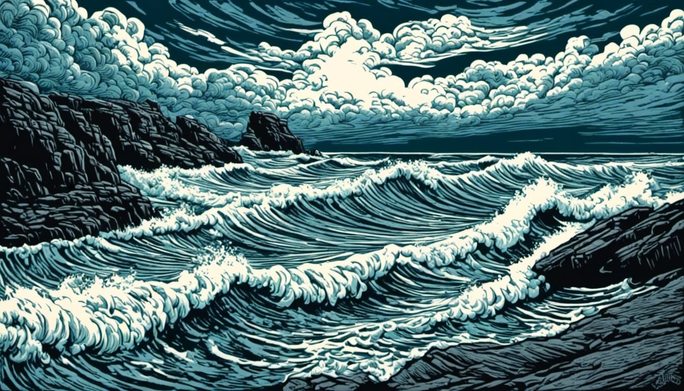 Stormy Ocean Linocut Coastal Scene