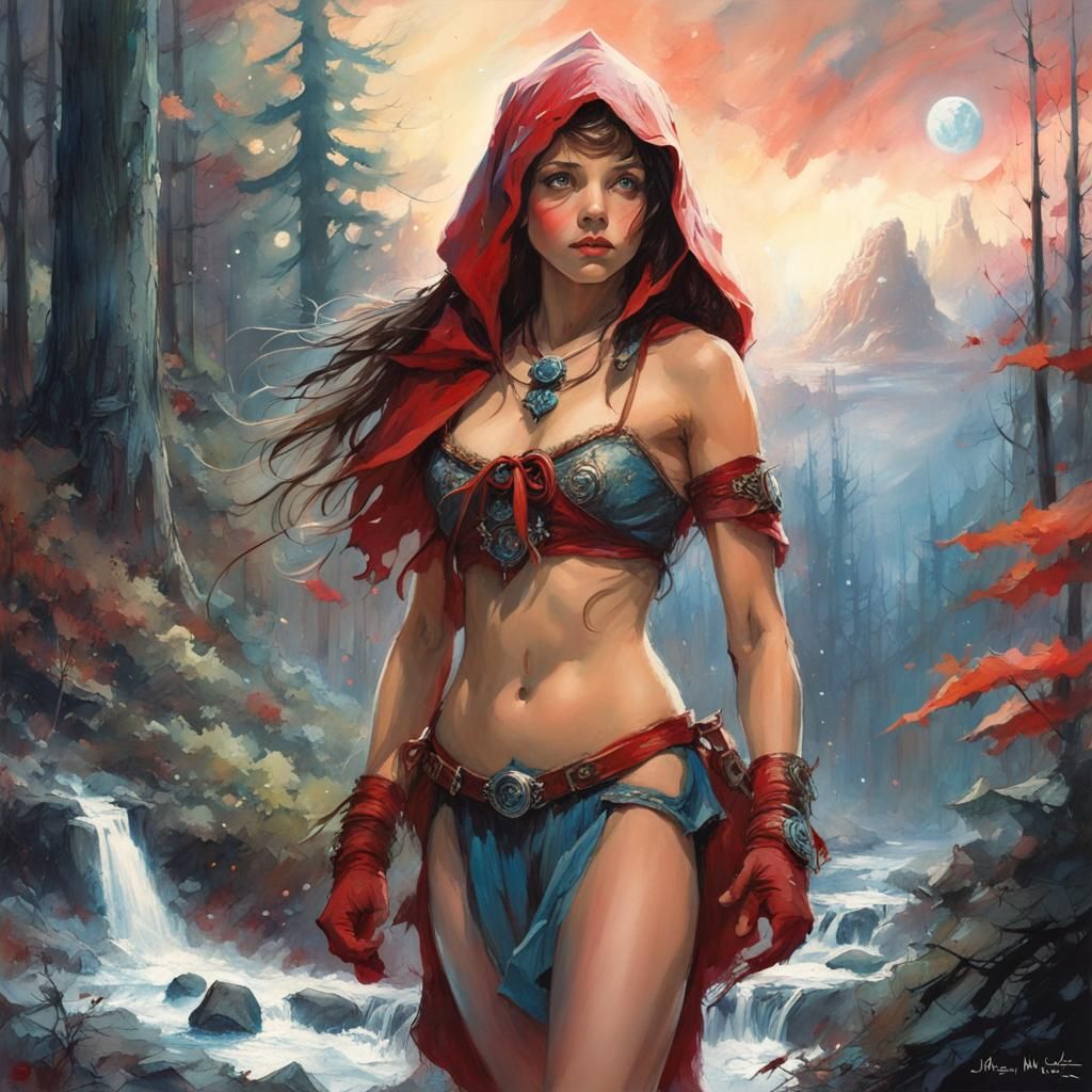 Red Riding Hood in Dark Forest with Space Background