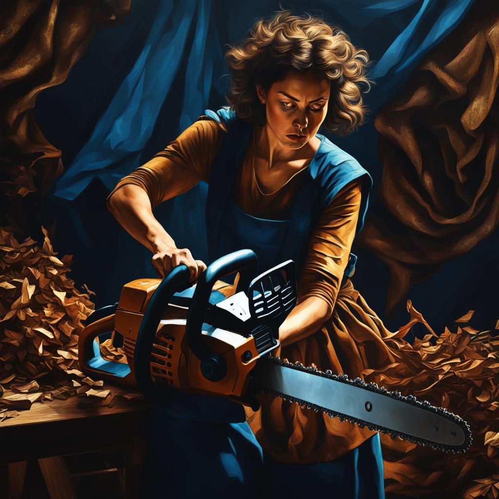Woman with Chainsaw in Baroque Style