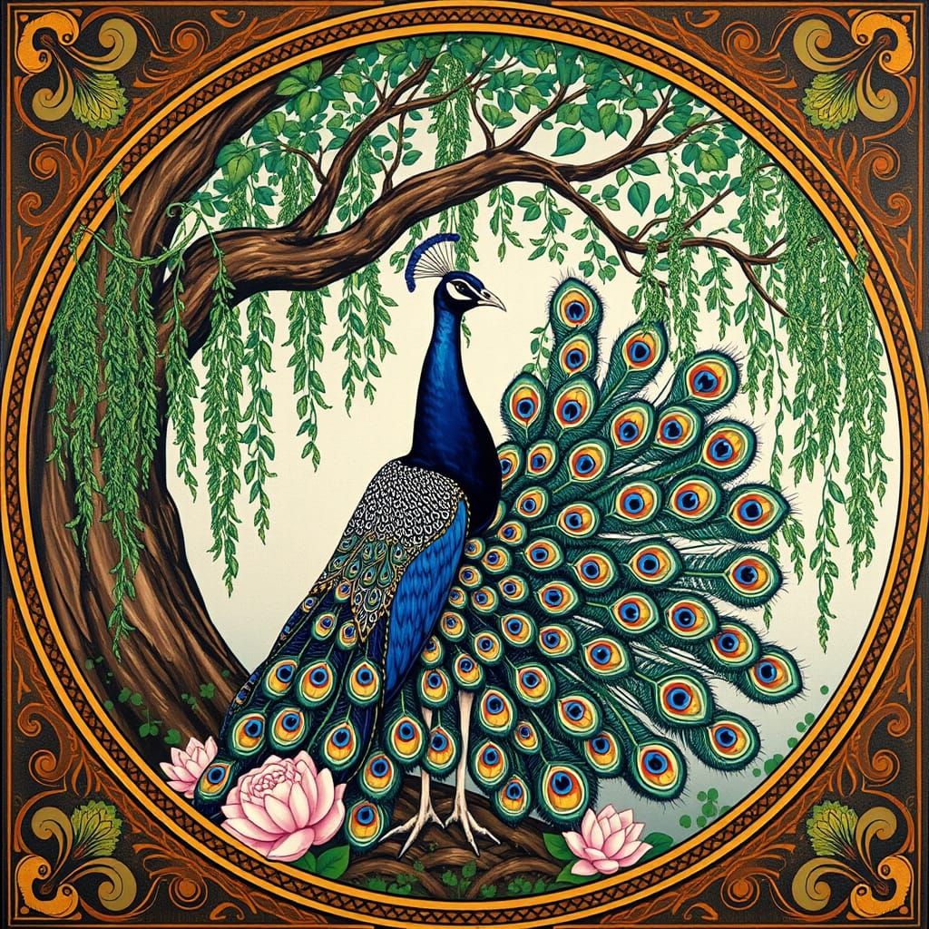 Peacock Under Willow in Art Nouveau Frame