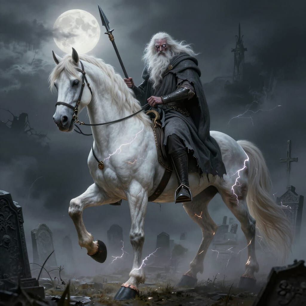 Furcas Shedim Rides Pale Horse Through Misty Graveyard